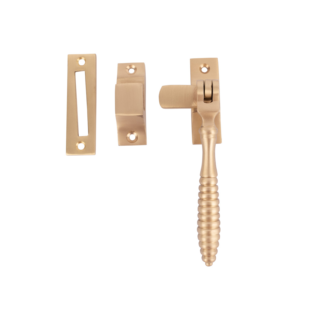 Dart Reeded Brass Window Fastener with Hook and Mortice Plate - Satin Brass